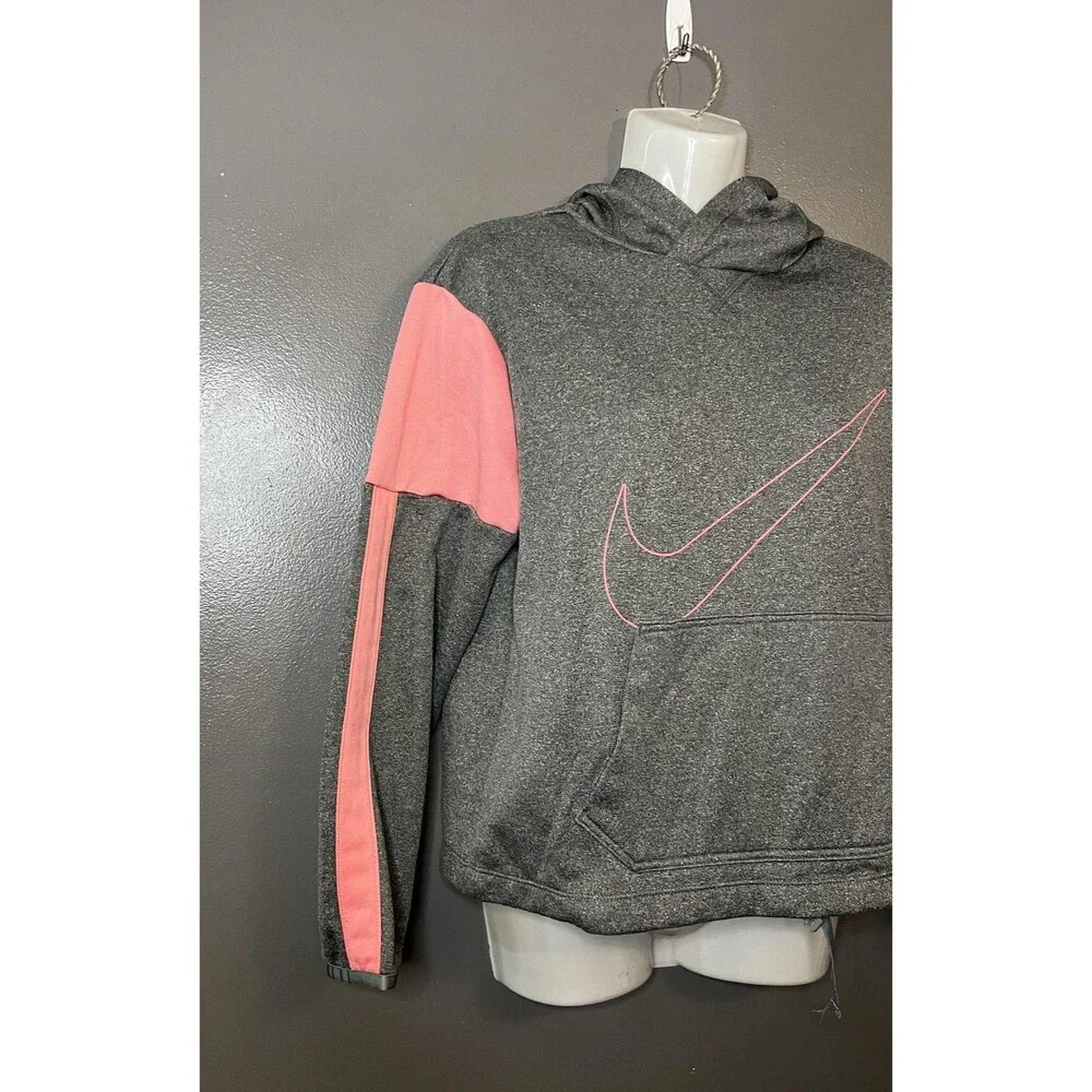 Nike Hoodie Youth XL Gray Pink Dri-Fit Pullover Sweatshirt Swoosh Logo